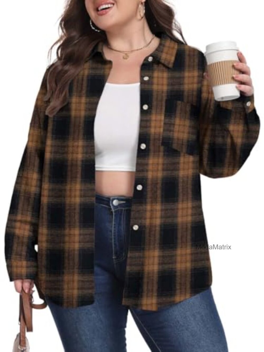 Plus Size Flannel Plaid Button Down Shirt Relaxed Fit Long Sleeve